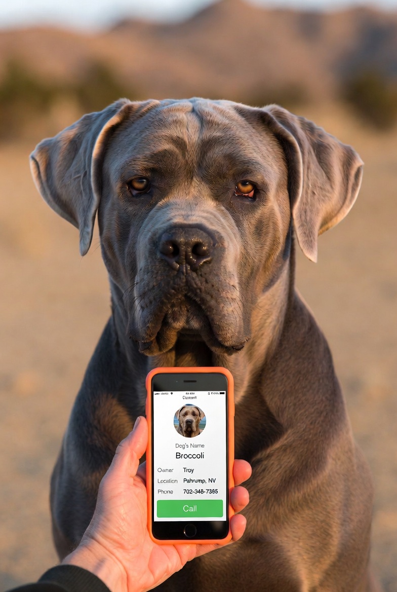 Gray Cane Corso with iPhone showing contact card